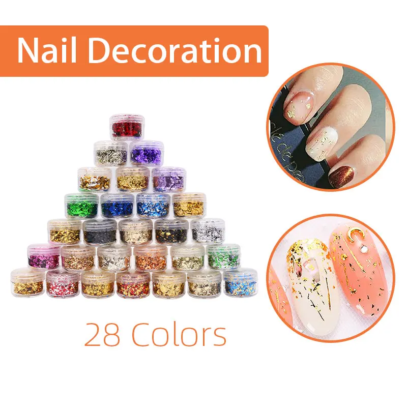 28 Colors Imitation Gold Foil Flakes for Nail Decoration Accessories Painting Gliding Art Crafts Colorful Alloy DIY Dec Paper 1g