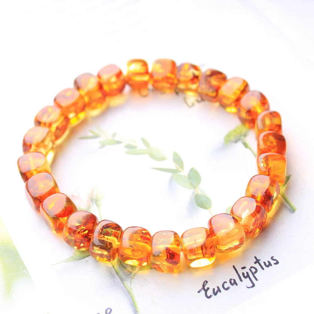 Natural Piebald Yellow Amber Cube Beads Bracelet 8mm Cube Amber Women Men Healing Stretch Jewelry AAAAA