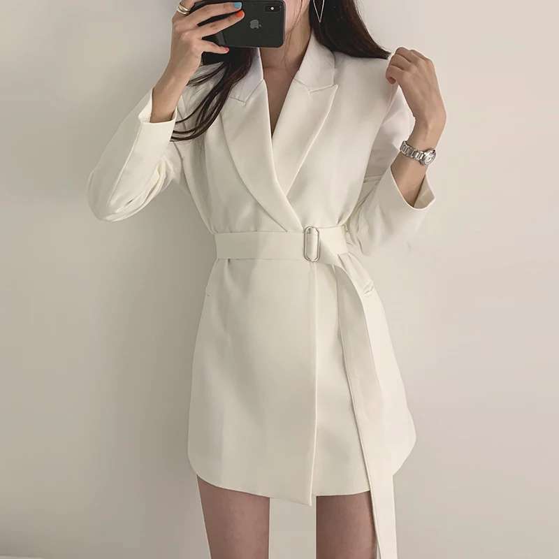 Women's Retro Temperament Lapel Blazer, Monochromatic Jacket, Female Suit, Long-Sleeved Waist Strap, Autumn Coat, W756,