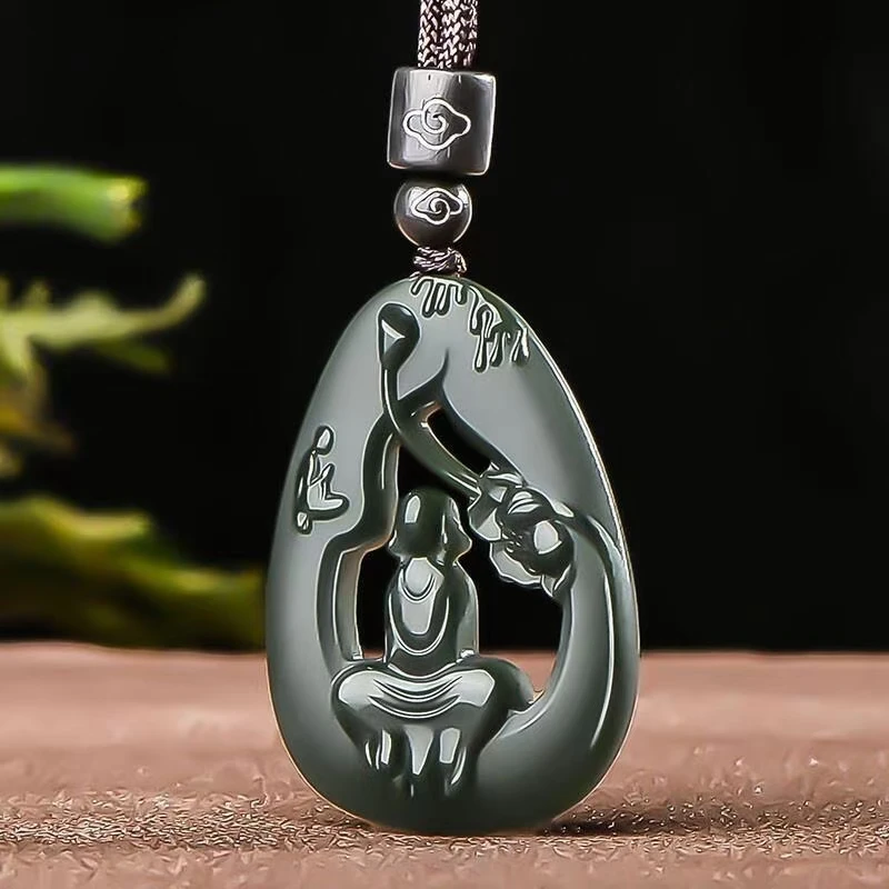 Pure Hand Carved Hollow Vivid Character Pendant Natural Hetian Qing Jade Necklace Boutique Jewelry Holiday Gift Accessory