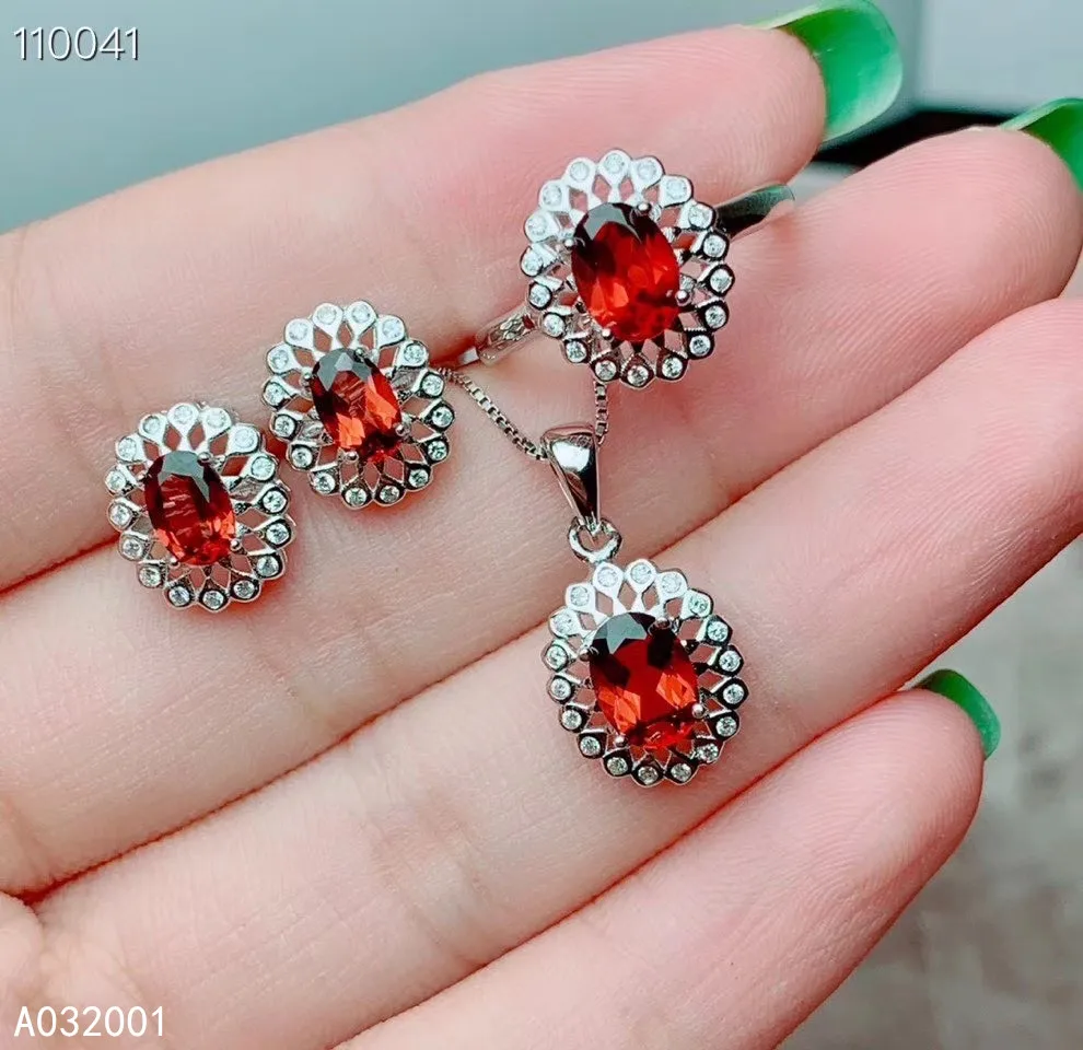 

KJJEAXCMY fine jewelry natural garnet 925 sterling silver new women pendant necklace ring earrings set support test lovely