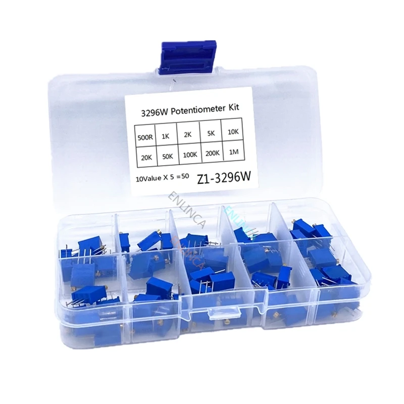 

3296W 10valueX5pcs=50pcs Multiturn Trimmer Potentiometer Kit 3296 Variable Resistor 500R 1K 2K 5K 10K 20K 50K 100K 200K 1M