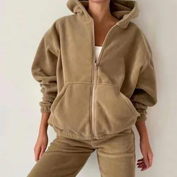 Casual Women Fleece Hoodie Two Piece Sets Hooded Zipper Outerwear And Harem Pant Suit Fall Winter Fashion Streetwear Tracksuit