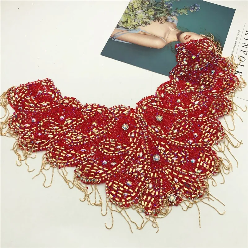 New Gold one side iron on wedding embroidered crystal rhinestone collar necklace appliques with fringe