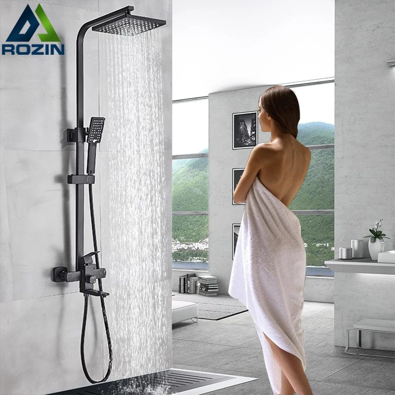 Rozin Chrome Shower Faucet Set Wall Mounted Bathroom Rainfall Mixer System Towel Swivel Spout Bathtub Shower Hot Cold  Mixer Tap