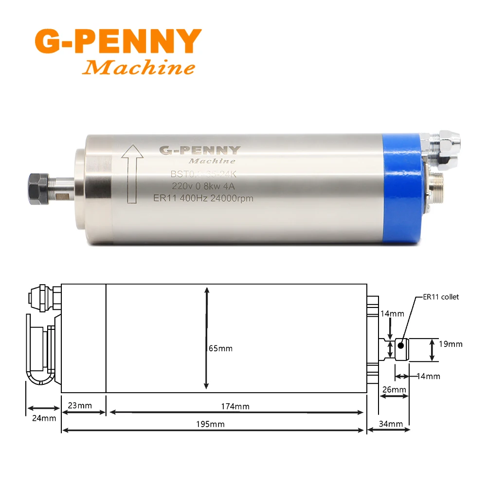 G-Penny 110v/220v 800W Spindle Motor 0.8KW Water Cooled Spindle 400HZ 24000RPM 65X195mm & 65mm holder for CNC Milling Machine