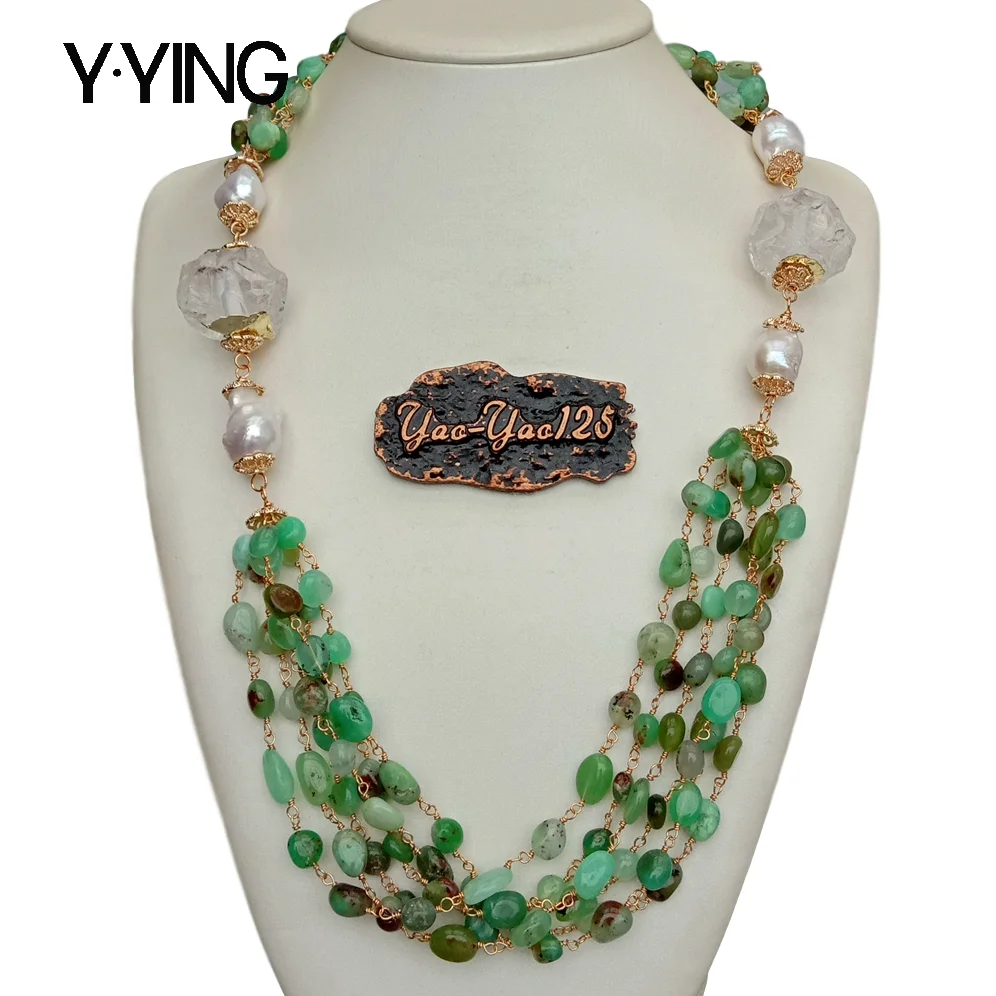 

Y·YING 5 Strands Natural Green Chrysoprase Quartzs Rough White Keshi Pearl statement Necklace 30" for women