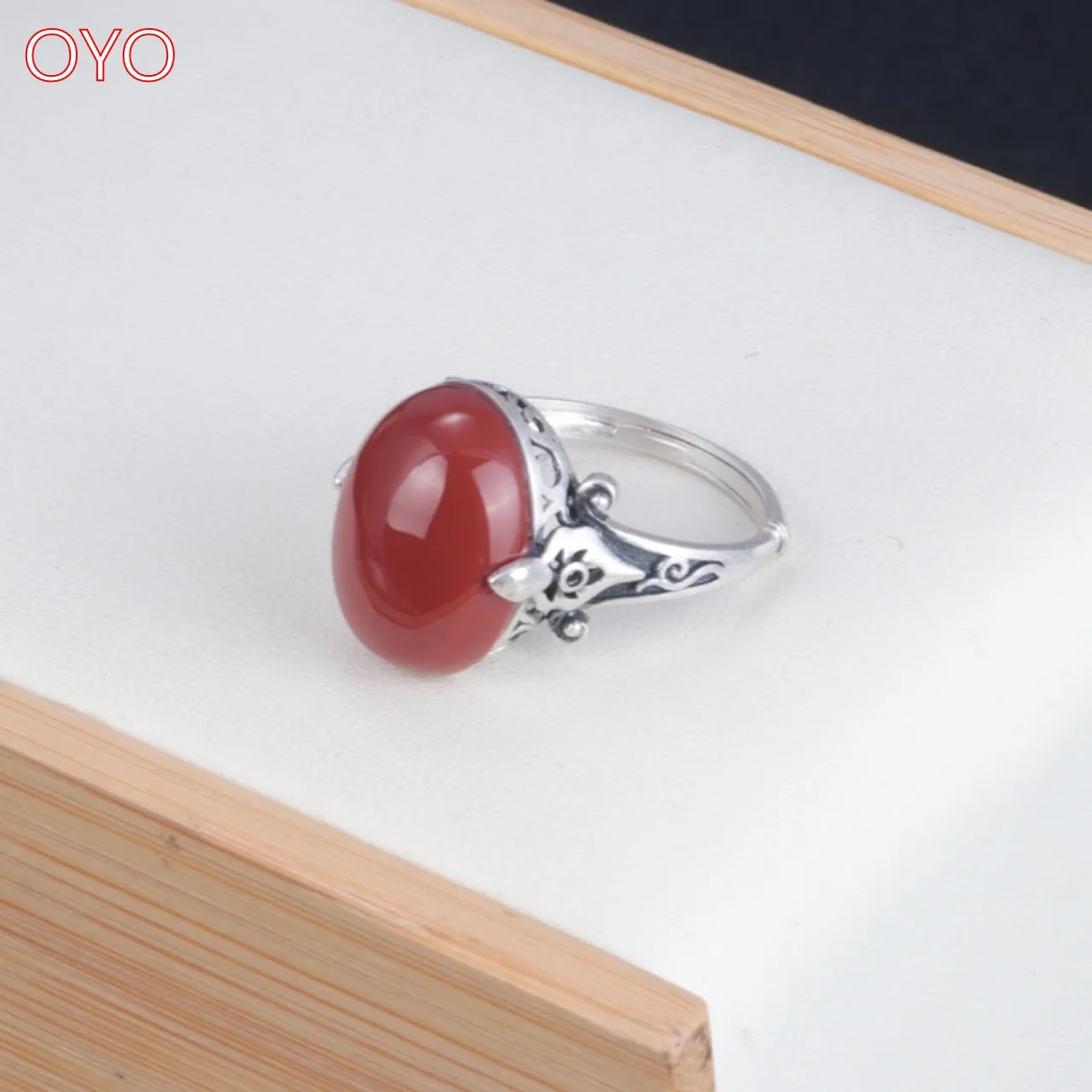 

Real s925 sterling silver southern red agate oval ring, female retro matte index finger ring, live adjustment