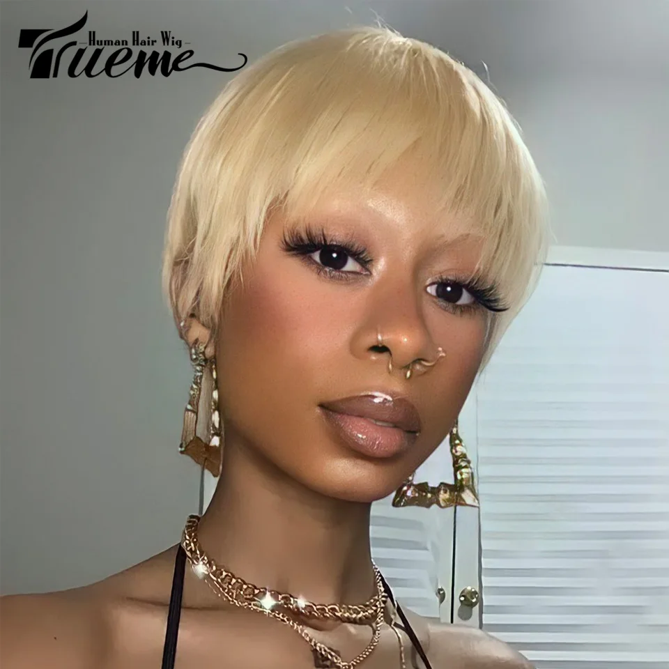 Trueme Short Straight Human Hair Wigs Ombre Blonde Pixie Cut Human Wig For Women Colored Black Brown Fahion Full Machine Wig