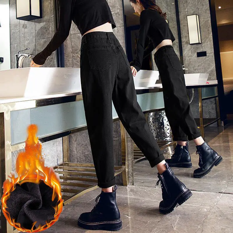 

Woman Jeans Pants Black High Waist Loose Autumn Winter Straight Harlan Pantalones Vaqueros Mujer