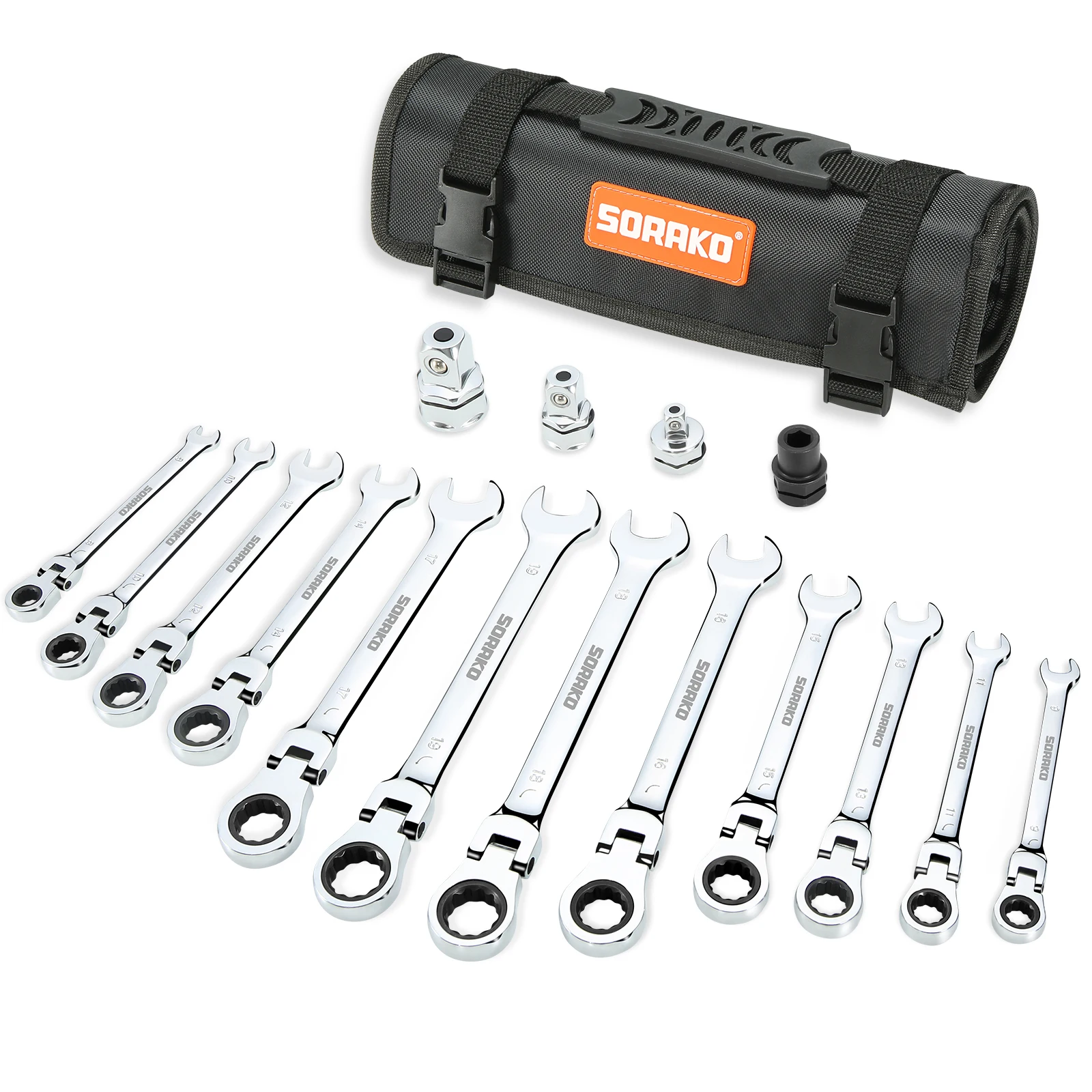 Flex-Head Ratchet Spanner Set,16 Pieces Metric Combination Spanner Kit, DIY Hand Tools Kit, 4 adapters for Car Repairing