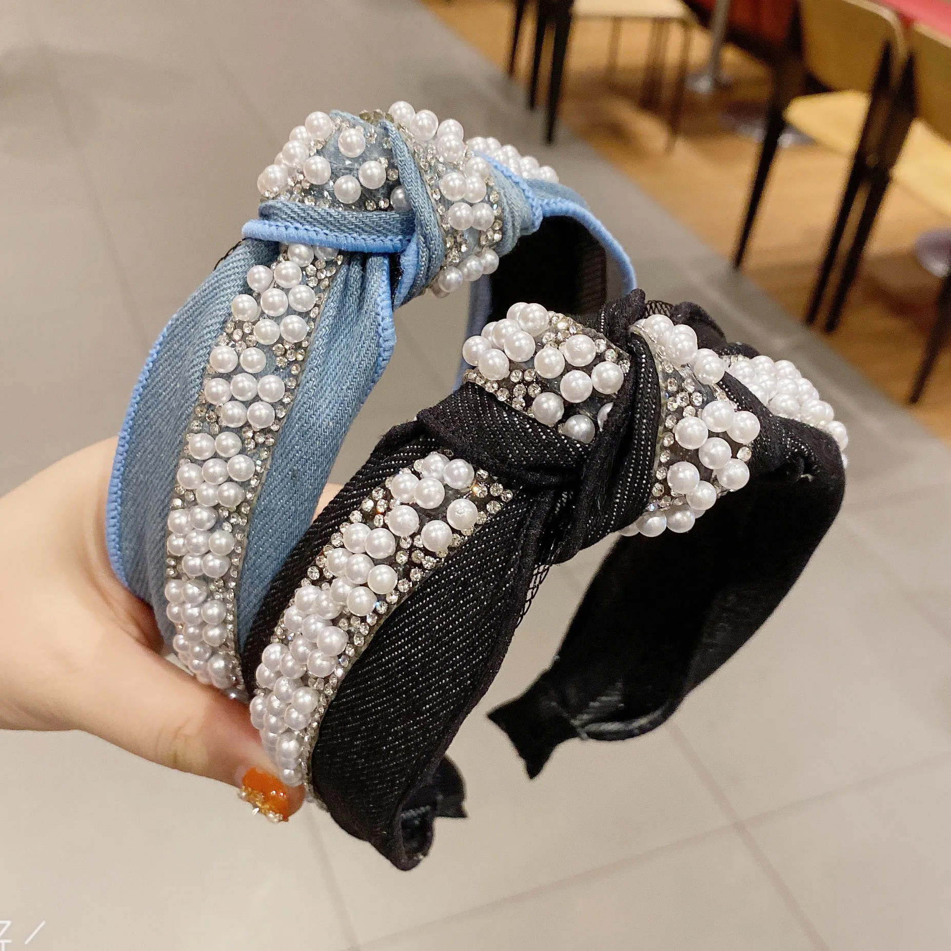 Blue Denim Pearl Headband Head Hoop for Women Hair Accessories Unique Crystal Hair Band Bezel Girls Cowboy Knotted Hairbands