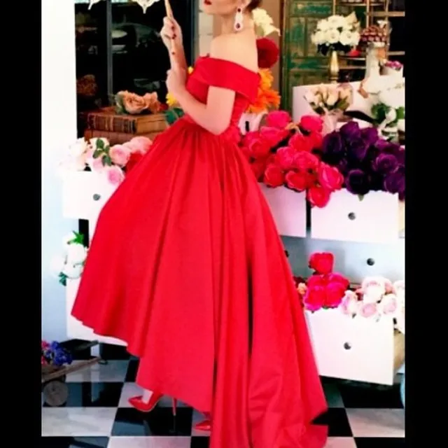 A-line Red Hi Lo Tea Length Sexy Boat Neck Off the Shoulder Prom Party gown 2018 Vestido de noiva Festa bridesmaid dresses