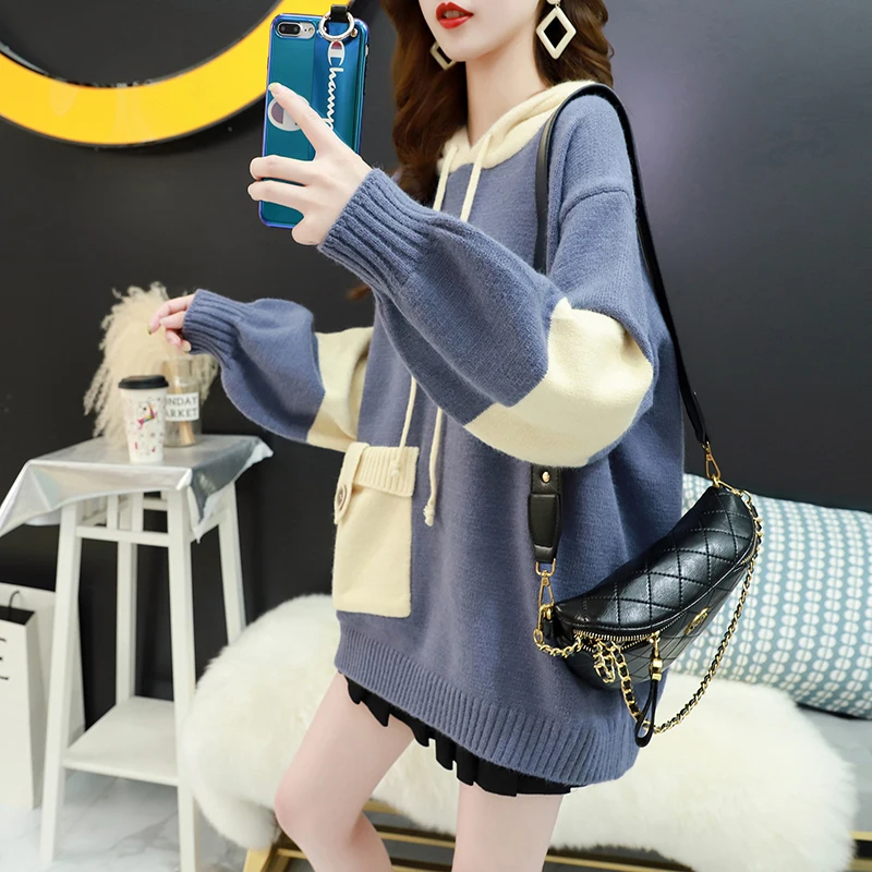 

Autumn Winter Thick Hooded Knitted Pullover Women Sweater Korean Fashion Loose Patchwork Pocket Long Sleeve Knitting Tops Female