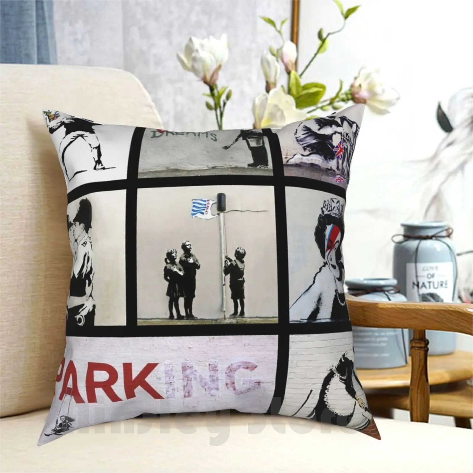 Banksy Montage 01 | Various Banksy Artworks Pillow Case Printed Home Soft Throw Pillow Banksy Art Banksy Graffiti Street