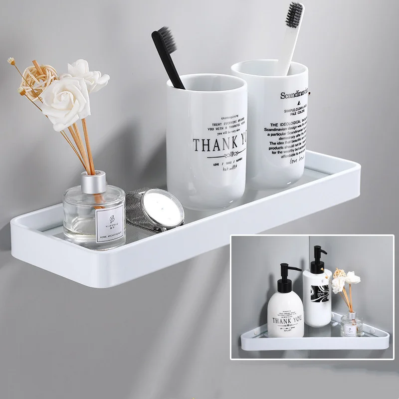 Aluminium & Glass Bathroom Shelf Shower Shampoo Soap Cosmetic Kitchen Corner Holder  Nail Punched Single Tier Bath Accessories