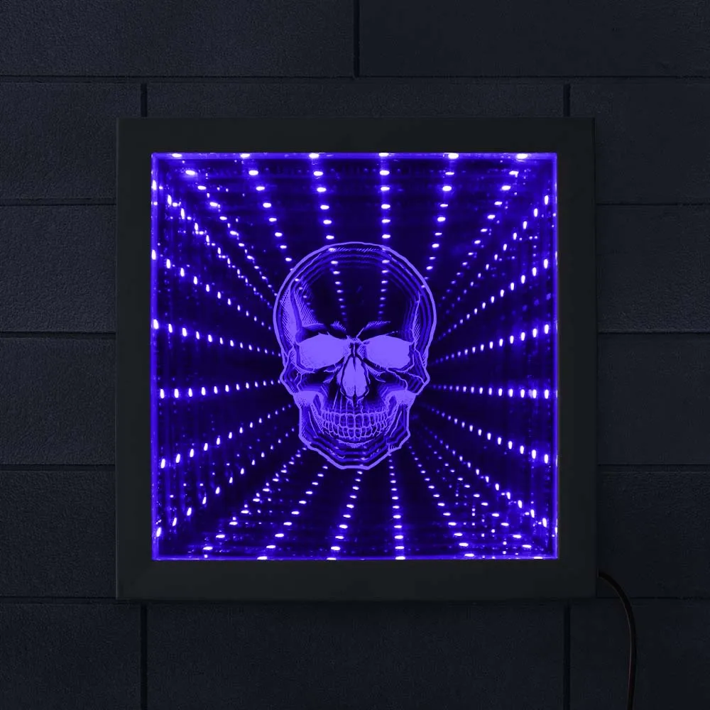 Skeleton Head Tunnel Light Portable Infinity Mirror Abyss Effect LED Night Lamp Death Bone Skull Frame Lamp Halloween Horror