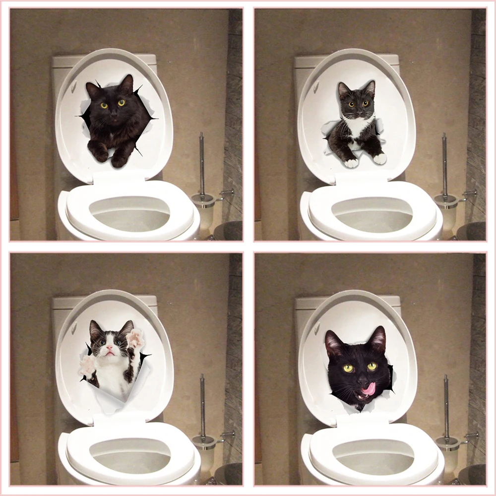 Autocollants de toilettes en 3d, trous vifs, amusants, pour chat, chien, décoration de la maison, Stickers muraux, mignons, chaton, chiot, animaux de compagnie, Diy bricolage