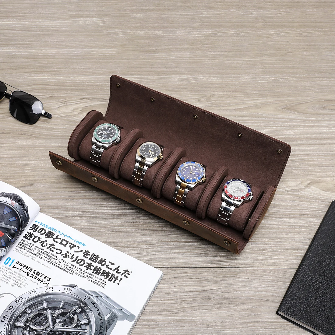 

Luxury 4 Slots Watch Roll Travel Case Chic Vintage Genuine Leather Display Watch Storage Box with Slid in Out Watch Organizers