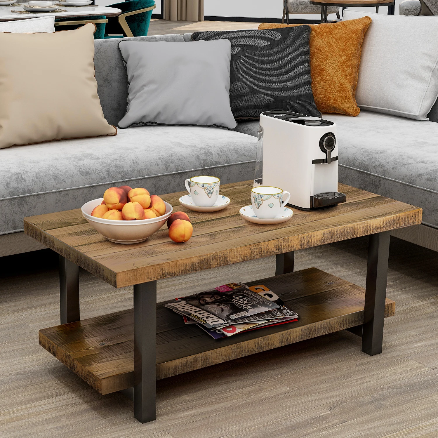 Rustic Natural Coffee Table Square/Rectangle Side Table with Storage Shelf for Living Room Easy Assembly[US-W]