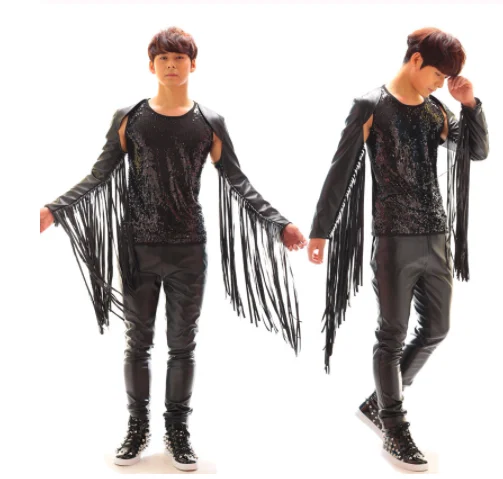 New Stage Costumes For Singers Mens Fringe Shoulder Jacket Leather Tassels Tops GoGo Dancers Nightclub DS Dj Costume outfits