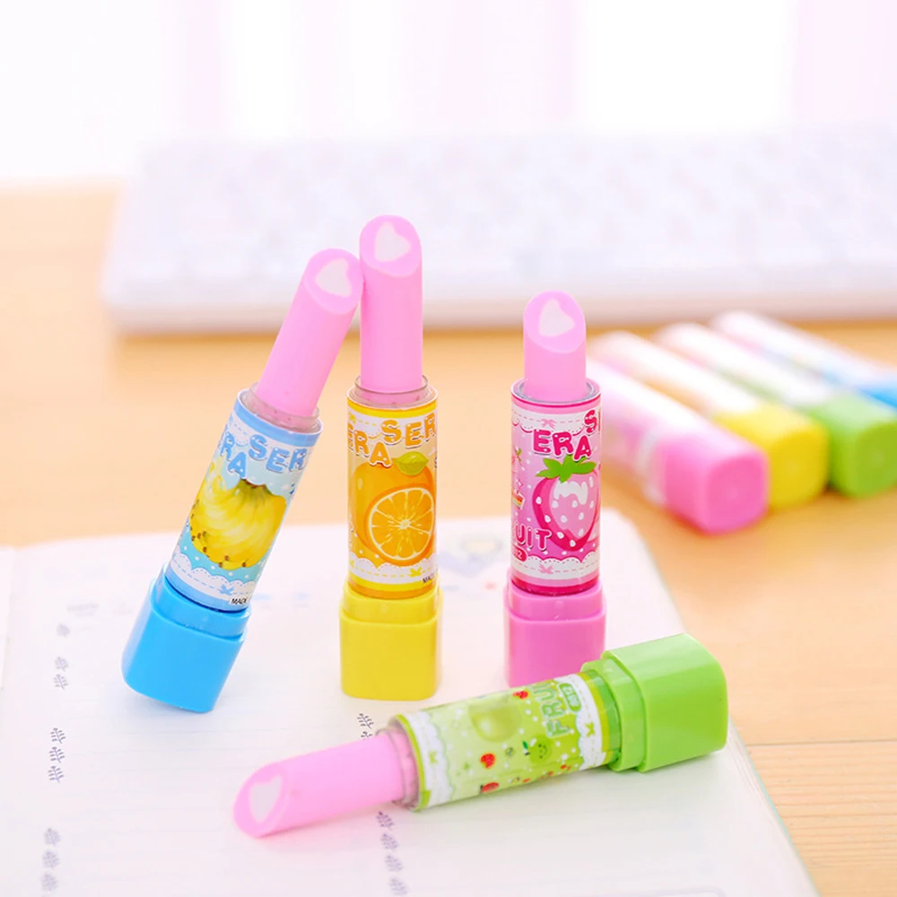 4Pcs/Lot Cute Pencil Rubber Eraser Mini Cartoon Lipstick Erasers Kids Novelty Stationery School Office Kawaii Correction Eraser