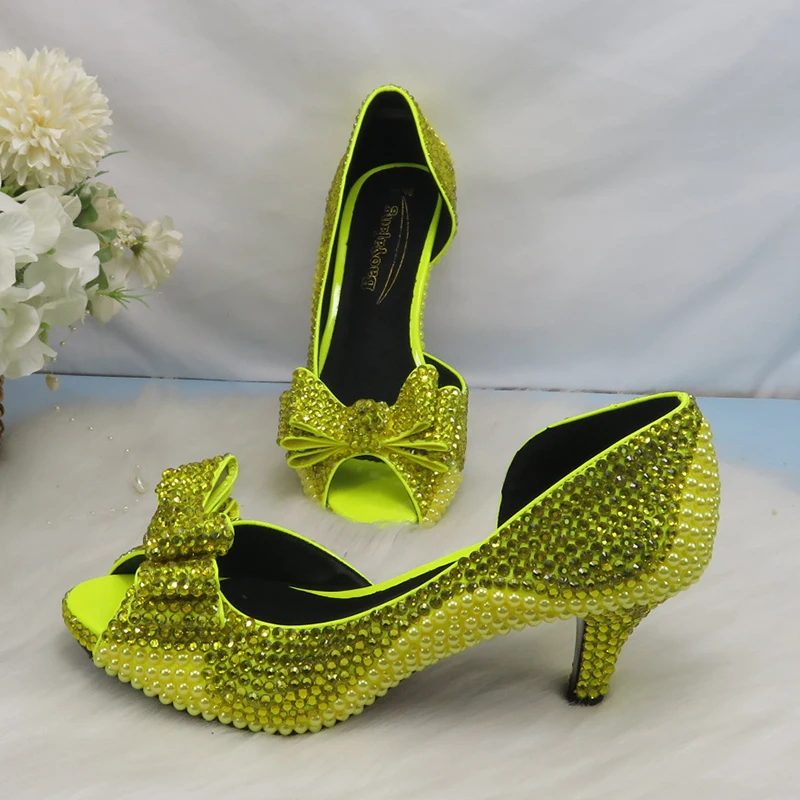 2022 New arrival Lemon Yellow Crystal Women wedding shoes and matching bags Peep toe High Pumps fashion Open Toe shoes and Purse