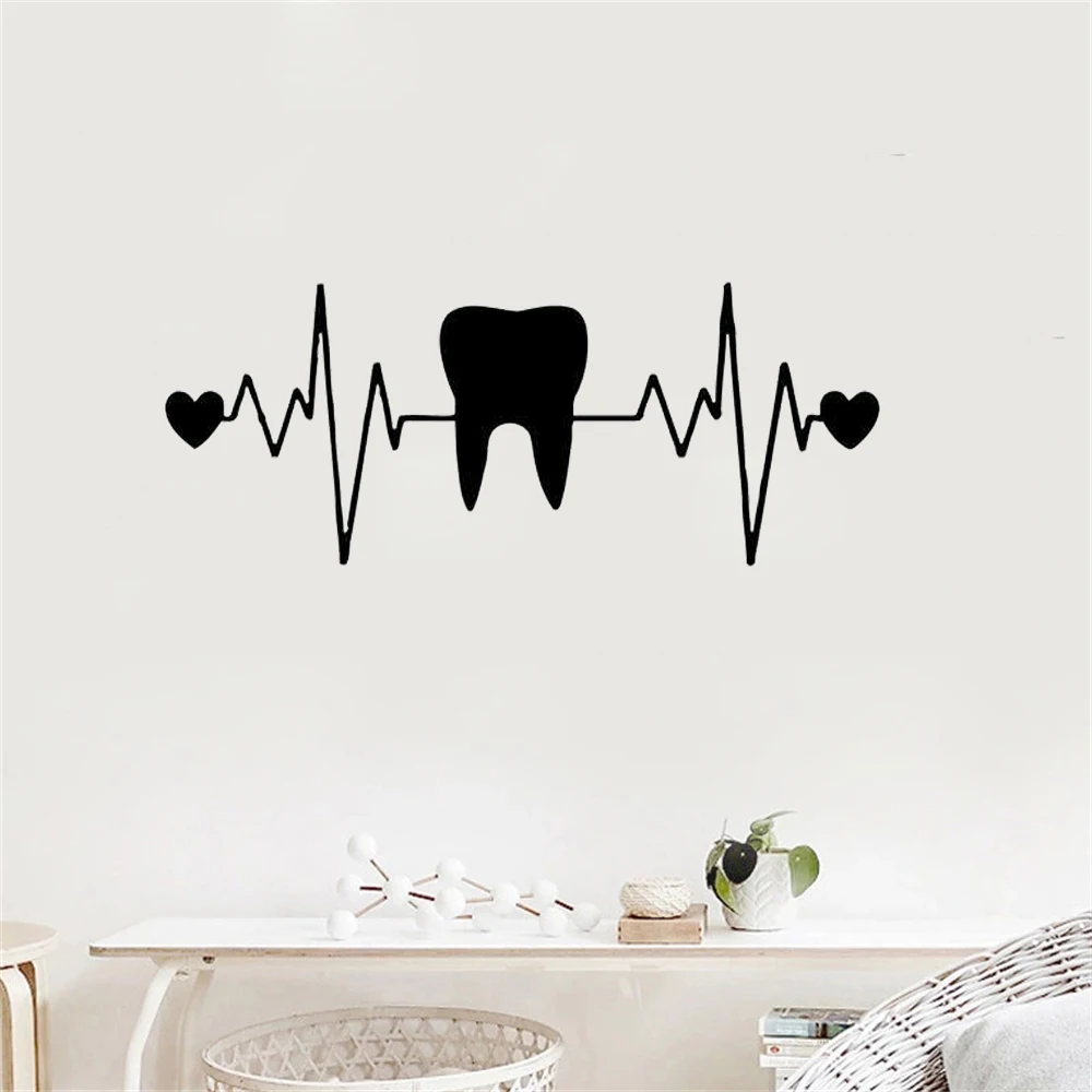 Teeth Dentist Dentistry Heart ECG Vinyl Wall Art Stickers Dental Clinic Decor Tooth Wall Decals Bathroom Decor