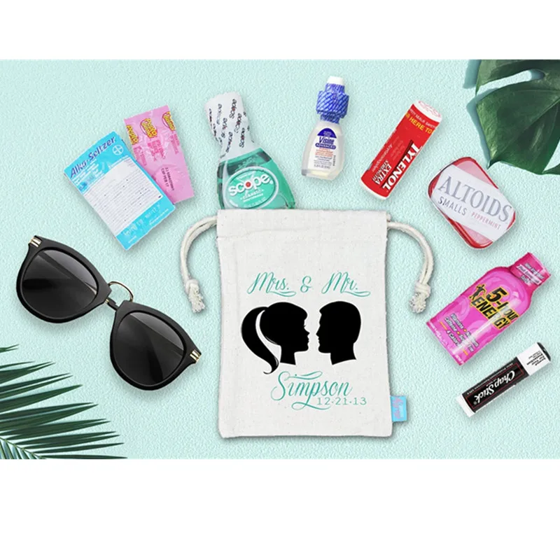 

50pcs Custom Silhouette Couple Gift Bag Personalized Welcome Bag- Heavy Weight Cotton Canvas Double Drawstring Mini Favor Bags