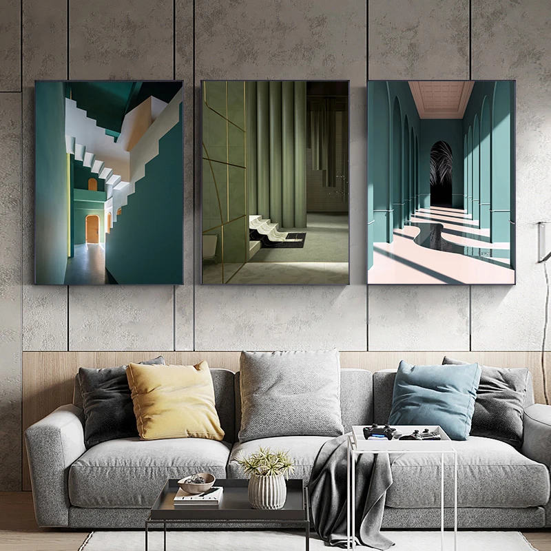 Nordic Green Construction Space Canvas Painting Abstract Geometry Creativity Poster Modern HD Print Wall Art Picture Home Decor