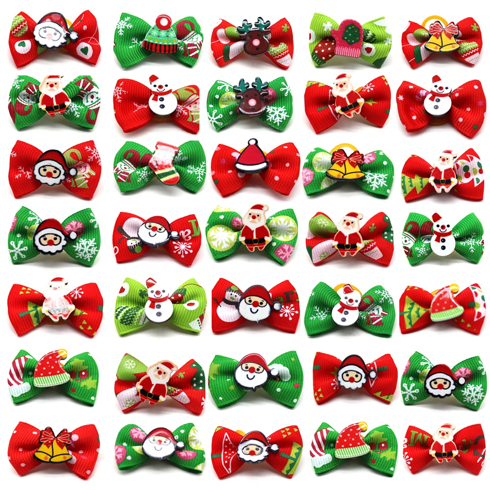 100pcs Christmas Dog bows Dog Hair Accessories Xmas Pet Small Dog Hair Bows Pet Supplies Rubber Santa Snowman Bows For Dogs