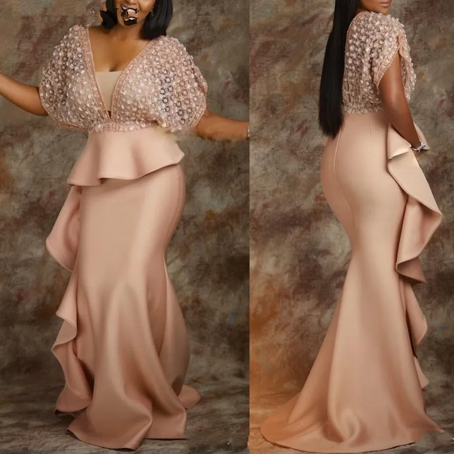 Champagne Abiye Long Mermaid African Evening Dress with Sleeves Peplum Ruffles Plus Size Women Formal Prom Dresses 2019 Elegant