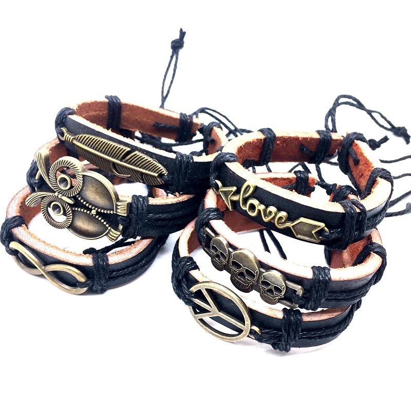 Wholesale 30pcs cuff leather bracelets men women unisex Copper Alloy decoration mix styles vintage fashion handmade jewelry