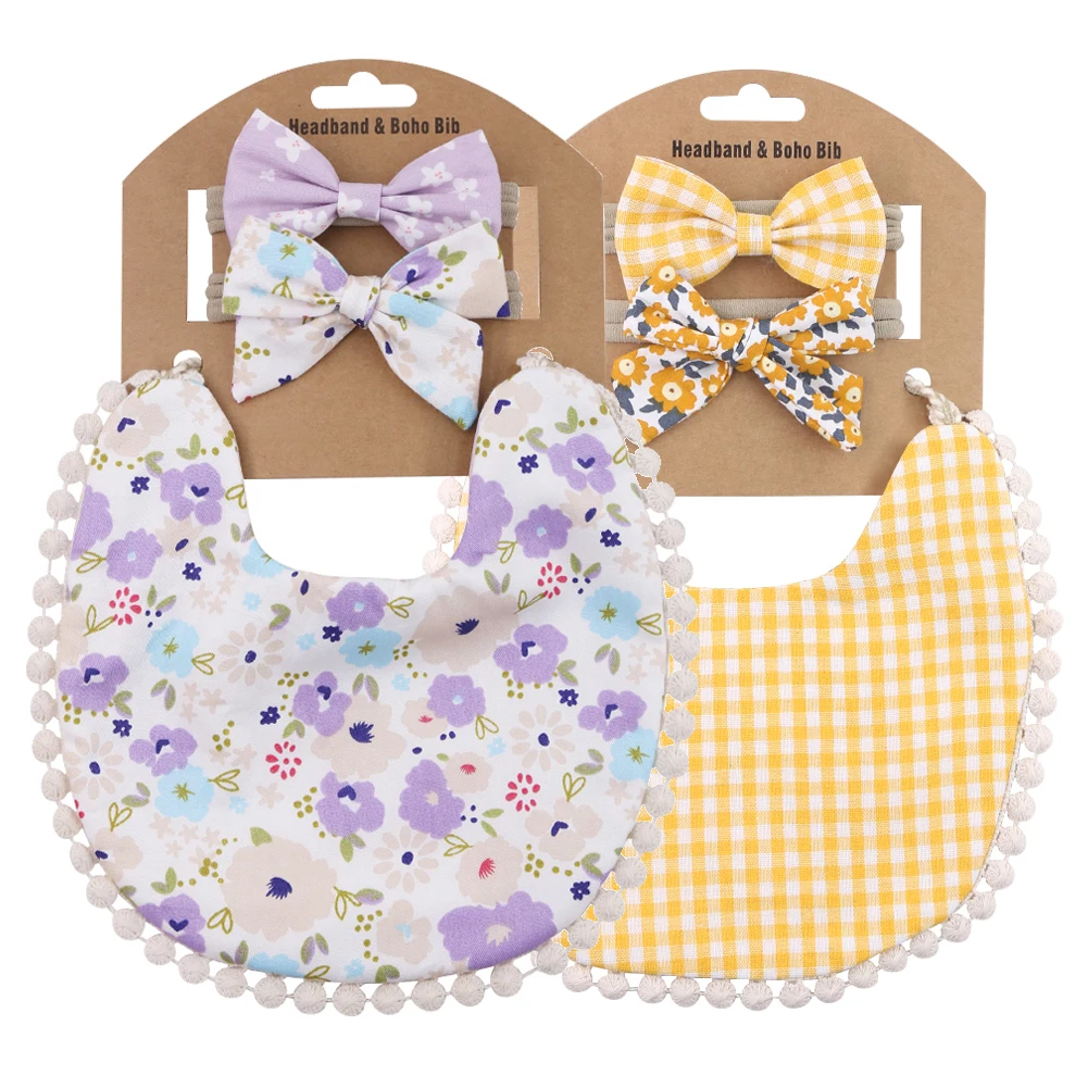 2 Sets/Lot Flower Print Embroidery Baby Bibs Headbands Bow Tie Scarf Bandana Double Side Toddler Saliva Towel Feeding Burp Cloth