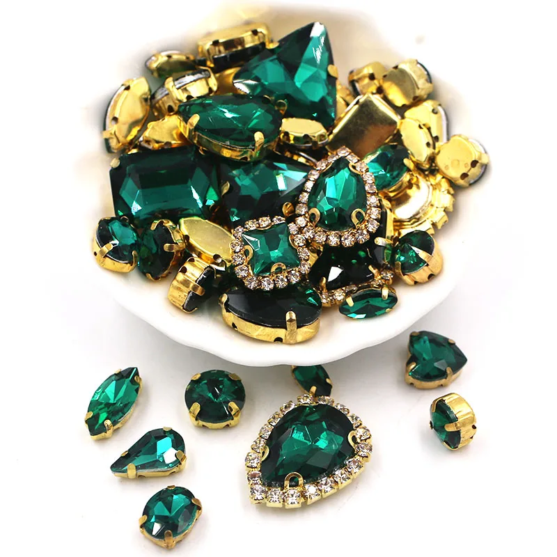 50pcs/Bag Peacock Green Mixed Shape Sew on Glass Rhinestone Gold Claw Crystal Buckle Diy Wedding Decoration Clothes/Shoe/Dress