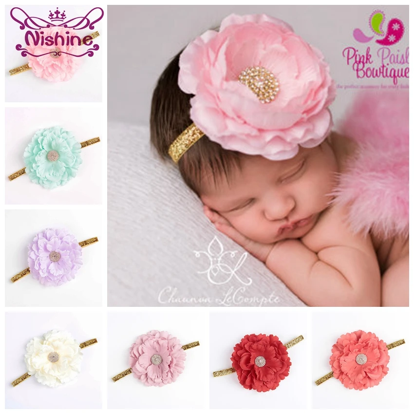 Nishine 1PCS Chic Peony Fabric Flower Kids Girl Headband Artificial Flowers Head Wear Hair Accessories Newborn Photography Props