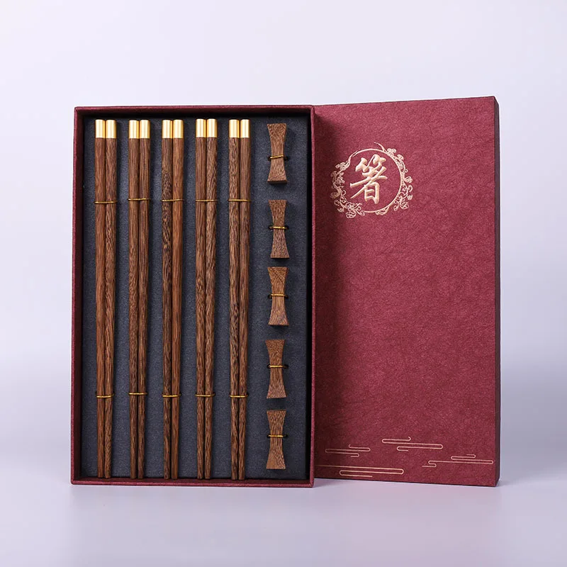 High Quality Premium Wooden Gift Box Packaging Household Cylindrical Natural Wenge Wooden Chopsticks Tableware Set