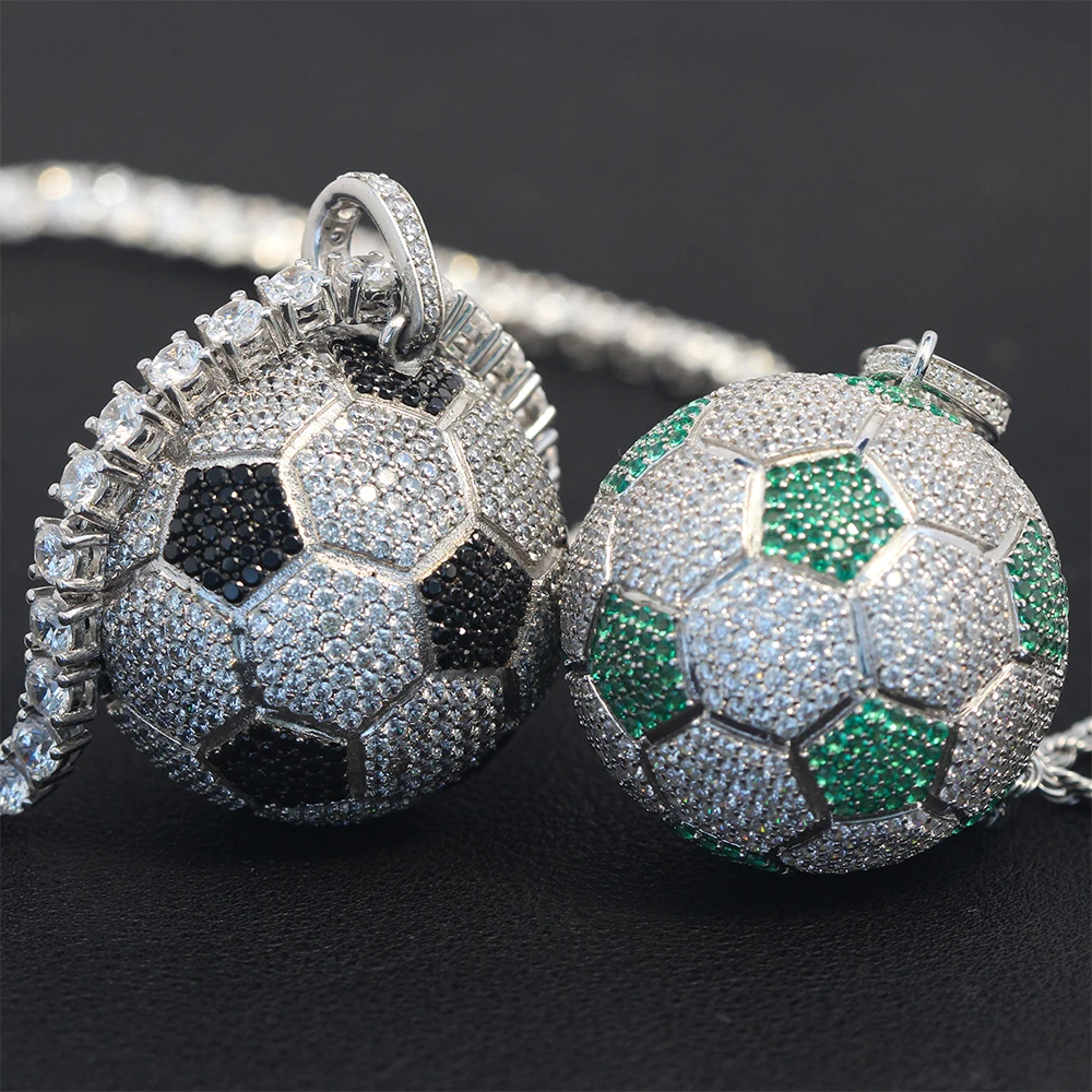 Hiphop Bling Football Soccer Ball Micro Pave Iced Stone Silver Gold Plating 925 Sterling Silver Necklace Pendant