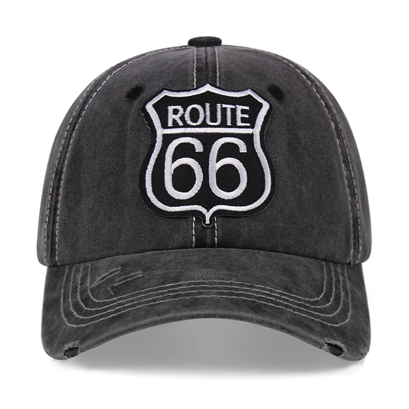 Trends Route 66 Embroidery Retro Washed Ladies Hat Unisex Sun Hat Baseball Cap For Men Adjustable Denim Dad Hat