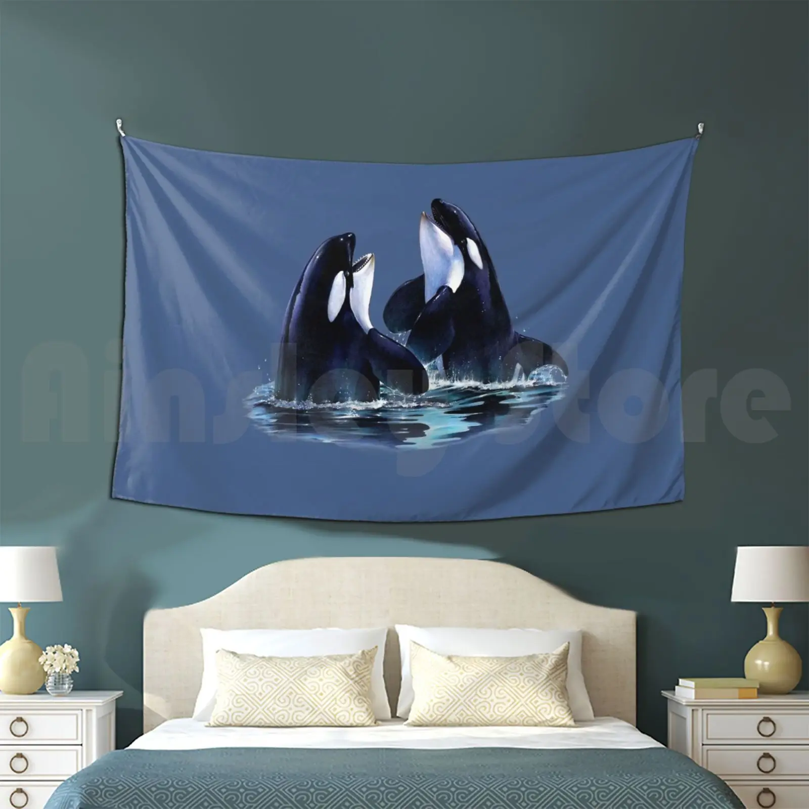 Orca Duo Customized Tapestry Orca Orca Whale Killer Whale Whale Laughing Realistic Colored Pencil