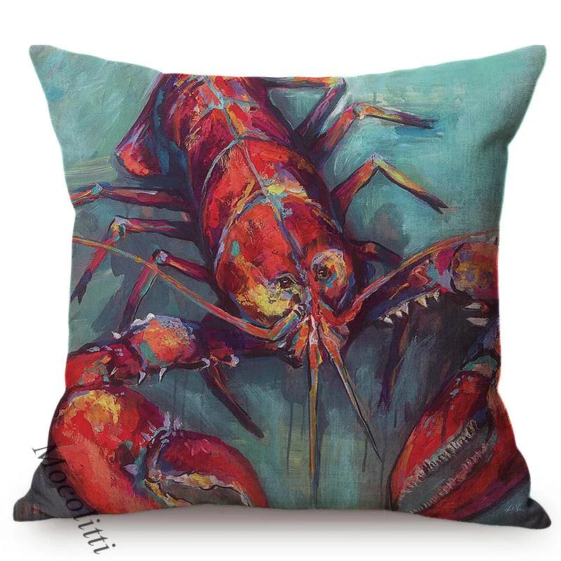 Lobster Vintage Oil Painting Cushions Cover Ocean Navigation Sailboat Style Home Decoration Linen Sofa Throw Pillow Case Cojines