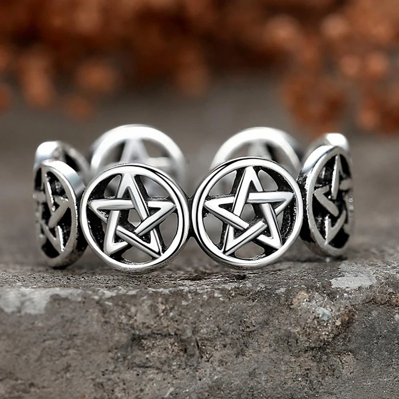 

2022 New Star Pentagram Punk Chunky Adjustable Thai Silver Color Finger Ring For Women Mens Korean Trendy Tibetan Jewelry Gifts