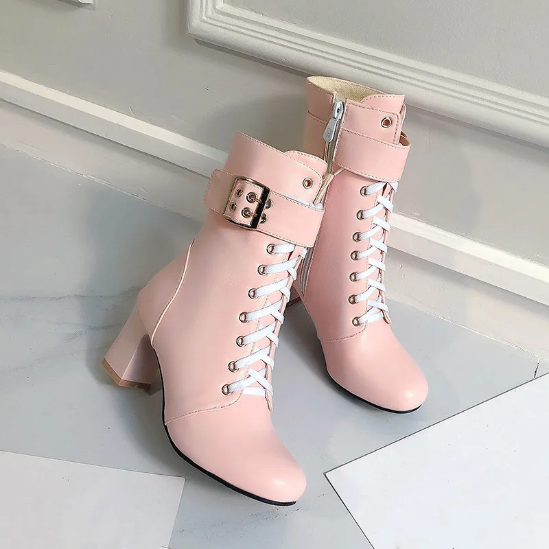 YQBTDL Fashion Sweet Woman Shoes High Heel Buckle Strap Cross Tied Lace Up Autumn Winter Booties Pink White Black Ankle Boots 43