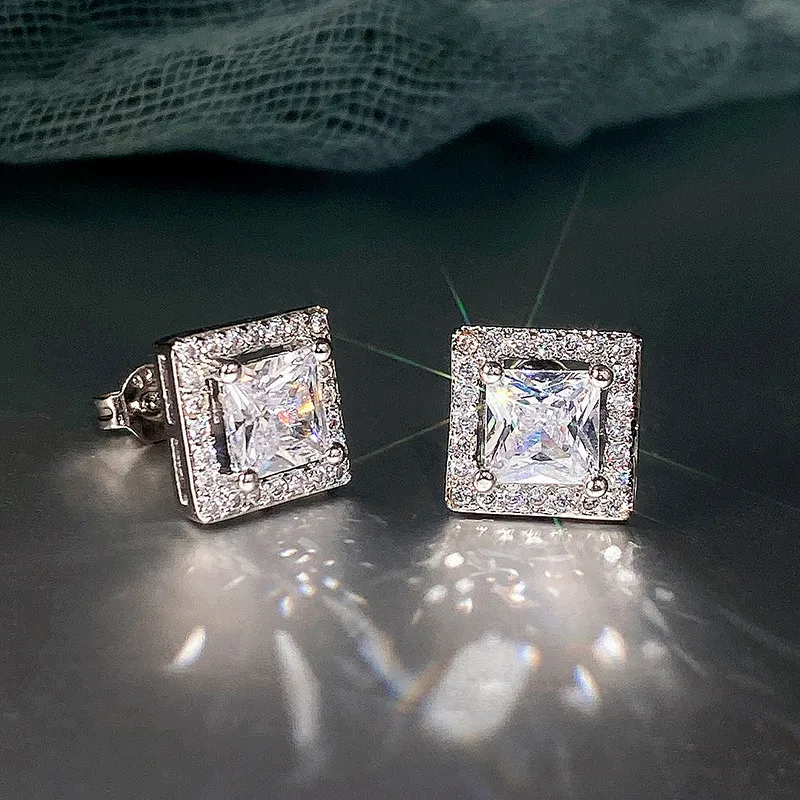 Huitan Luxury Princess Cut CZ Stud Earrings Silver Color Accessories for Lady's Vintage Party Elegant Versatile Women Earrings