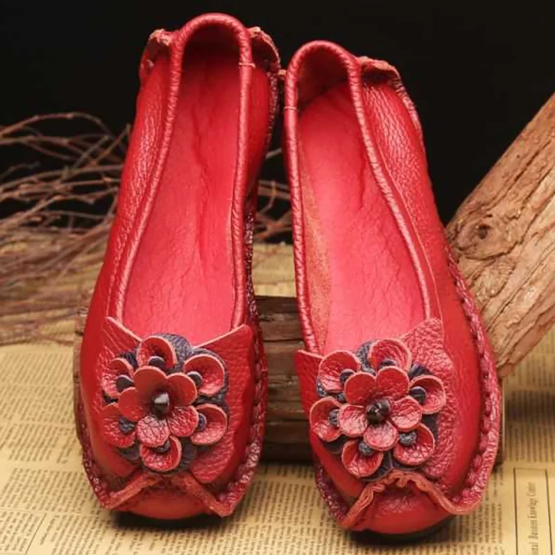 Ethnic Style Handmade Flower Girls Shoes  Fashion  Breathable  Genuine Leather  Women  Flats In Outdoor 2021