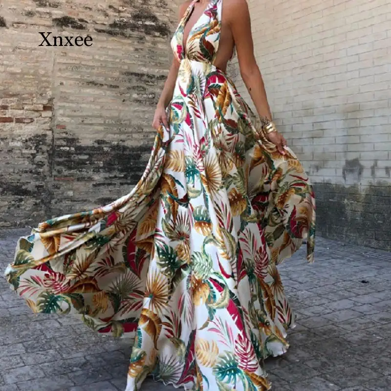 

Bohemian Plant Print Backless Halter Dress V Neck Women Summer Holiday Beach Casual A-Line Sexy Dresses Female Clothes