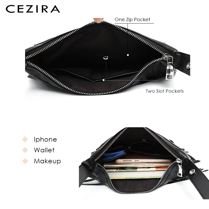 CEZIRA Bohemia Tassel Fringe Ladi Side Bags Vegan Leather Stylish Designer Girl Small Crossbody Bag Zip Envelope Clutch Purse