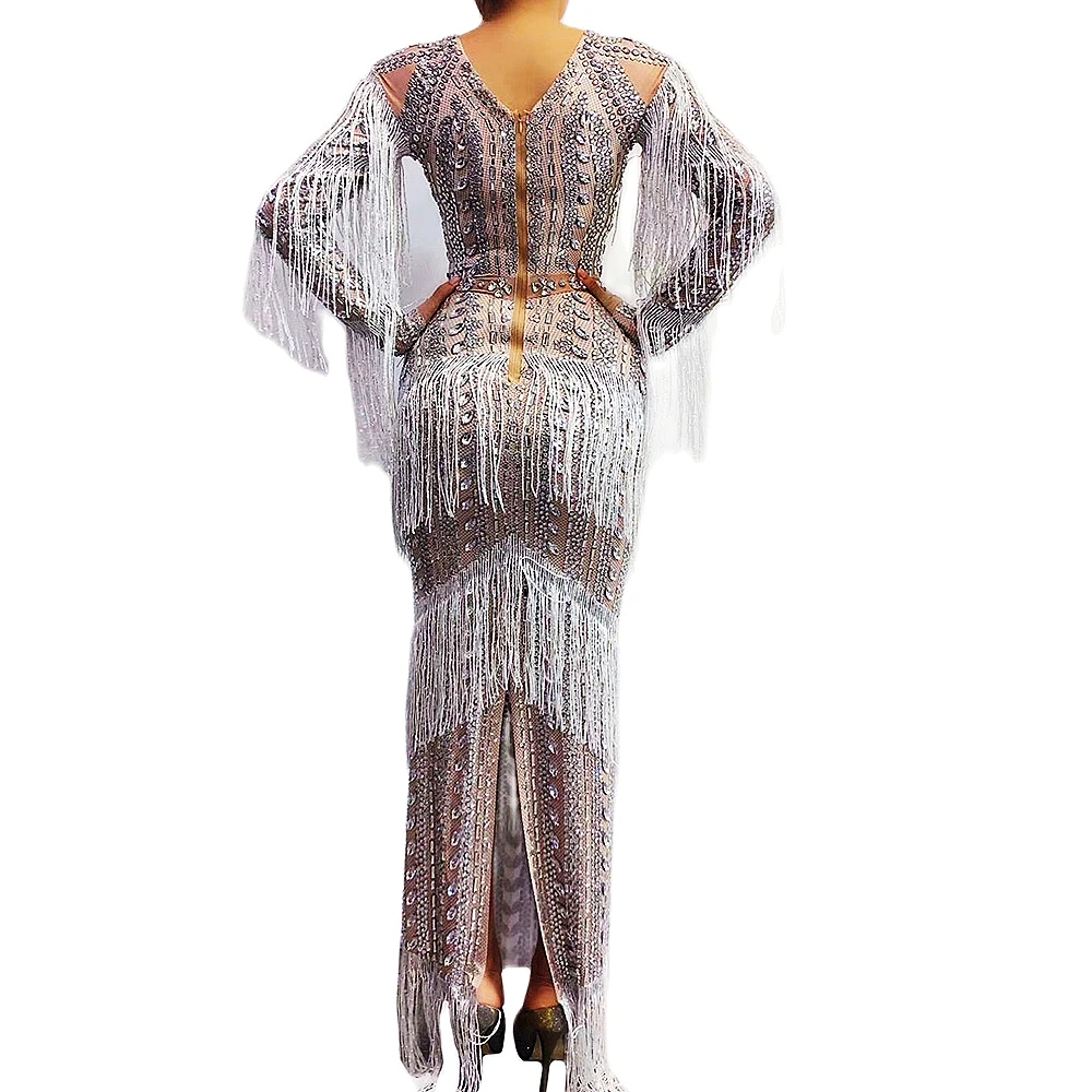 Silver Rhinestones Fringe Dresses Long Sleeve Split Fork Stage Costumes For Singers Women Party Clothing Wear Drag Queen Outfit