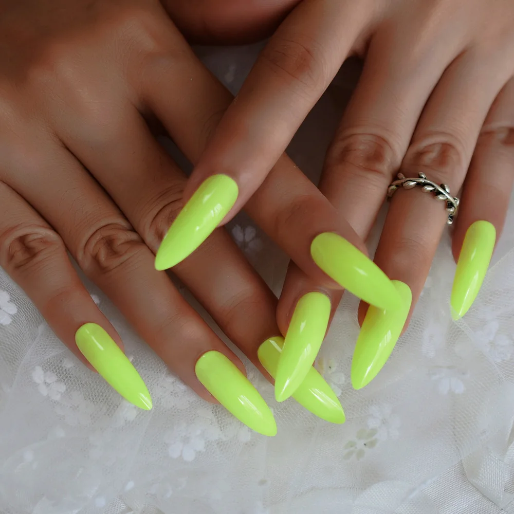 Neon Fluorescent Green Press on False Nails Extra Long Stiletto Pointed Gel Glue On Fake Fingersnails Free Adhesive Tapes