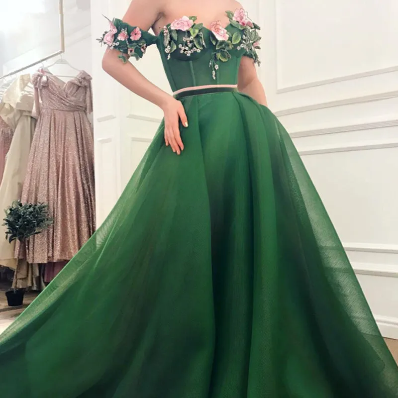 Green Muslim Evening Dresses A-line Sweetheart Tulle Beaded Flower Elegant Dubai Saudi Arabic Long Evening Gown Prom Dress